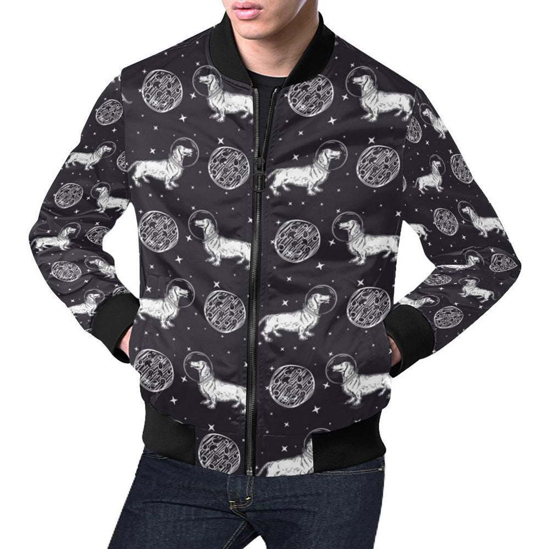 FUNSTUFFPRINT Wiener Dog Dachshund Astronaut Pattern Print Mens 3D Bomber Jacket