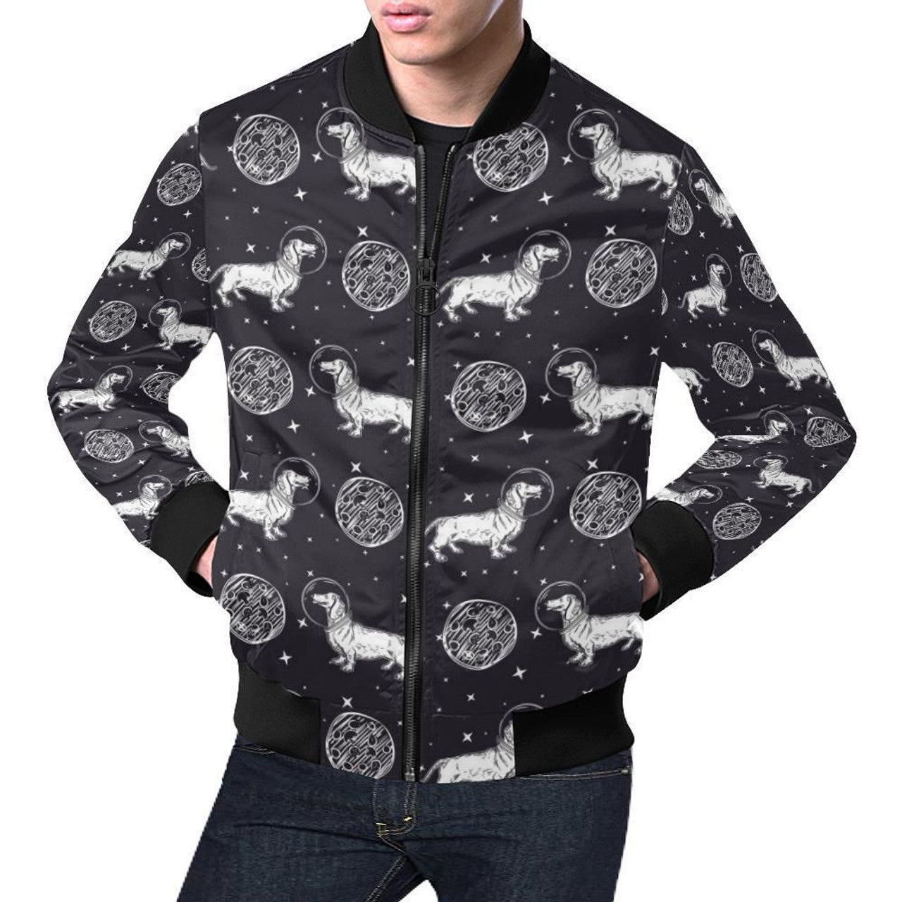FUNSTUFFPRINT Wiener Dog Dachshund Astronaut Pattern Print Mens 3D Bomber Jacket