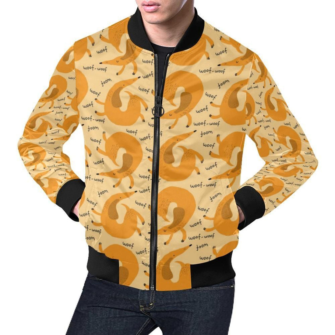 FUNSTUFFPRINT Wiener Dog Dachshund Woof Woof Pattern Print Mens 3D Bomber Jacket