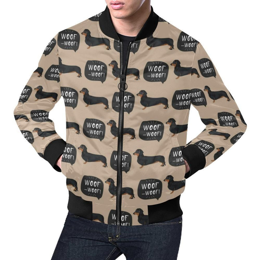 FUNSTUFFPRINT Wiener Dog Woof Woof Dachshund Pattern Print Mens 3D Bomber Jacket