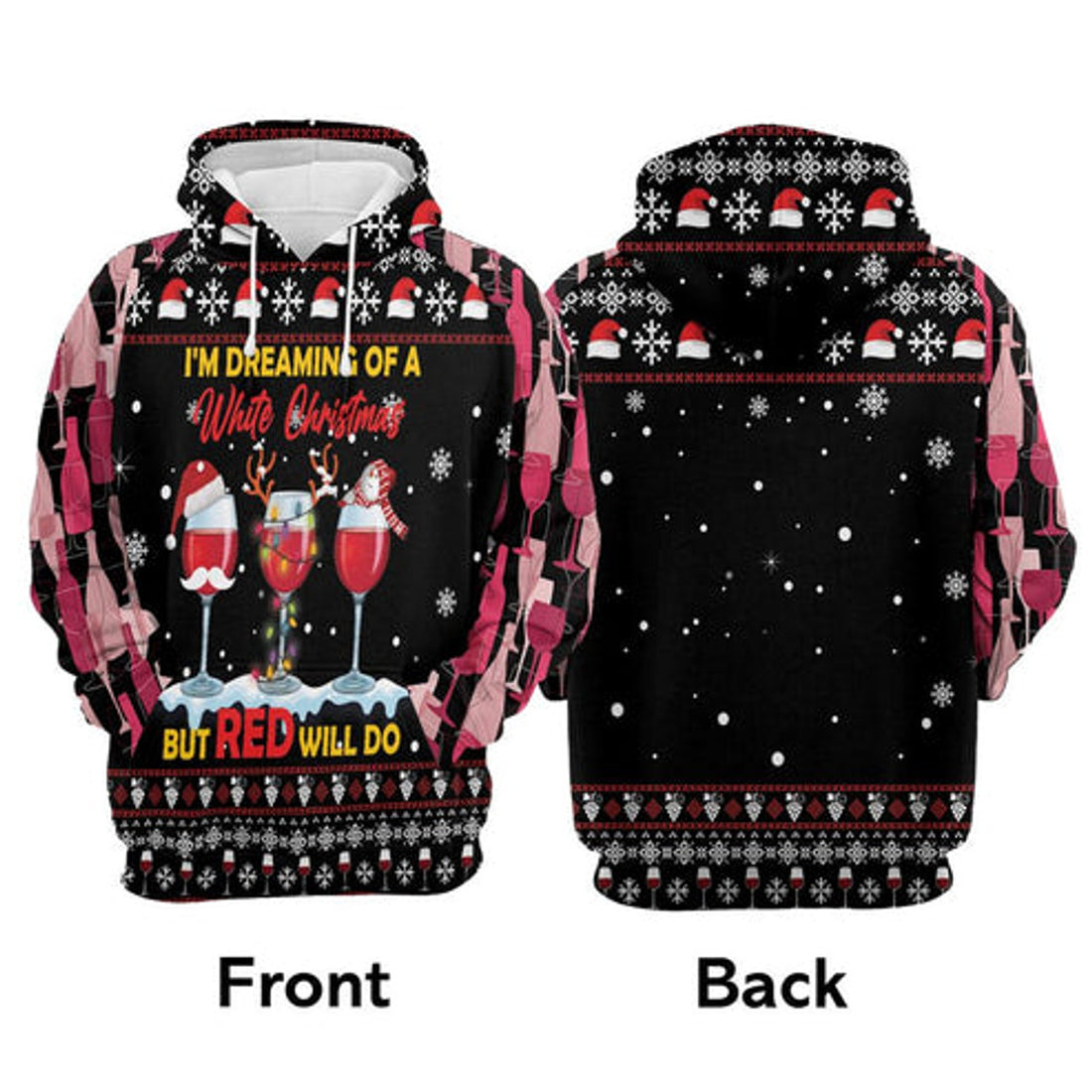 FUNSTUFFPRINT 3D Wine Red Christmas All Over 3D Hoodie and Zip Hoodie
