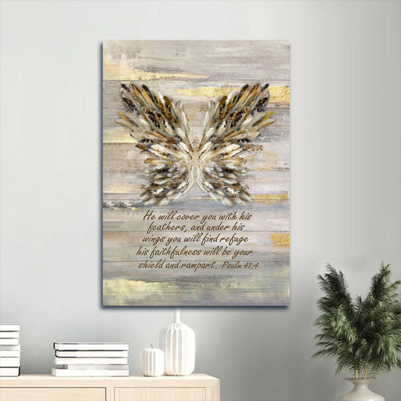 Wings Bible Verse He Will Cover You With This Feathers Canvas Wall Art - Christian Wall Decor
