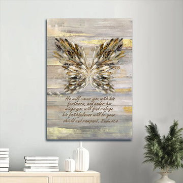 Wings Bible Verse He Will Cover You With This Feathers Canvas Wall Art - Christian Wall Decor