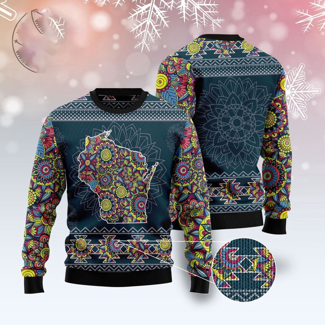 FUNSTUFFPRINT Wisconsin Blue Mandala Ugly Christmas Sweater, Christmas Sweater, Ugly Sweater, Funny Xmas Sweaters Ugly Sweater