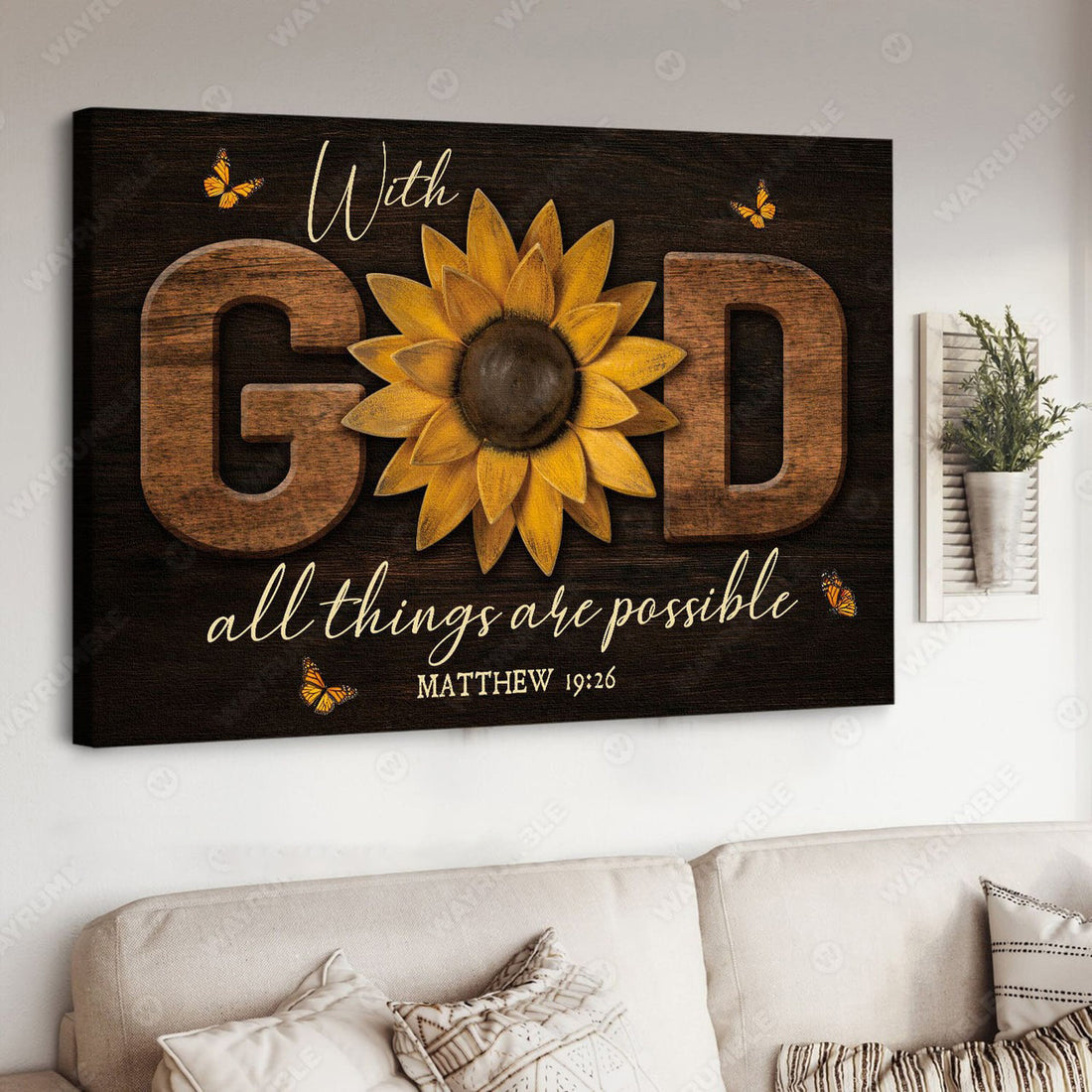 With God All Things Are Possible, Butterfly Flower, Wall Poster Decor Poster and Canvas