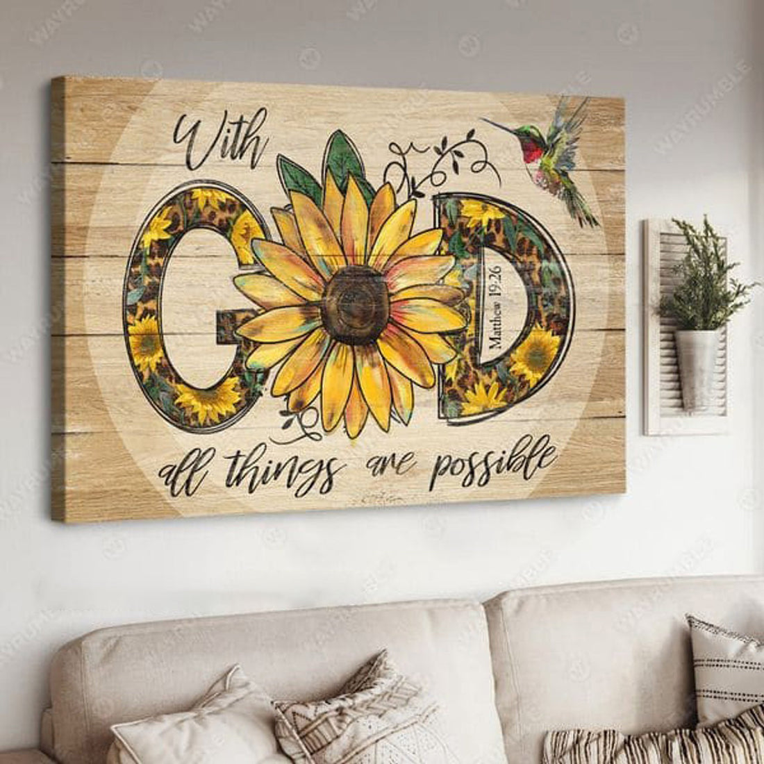 With God All Things Are Possible, Humminbird Sunflower, Wall Art Decor Poster and Canvas