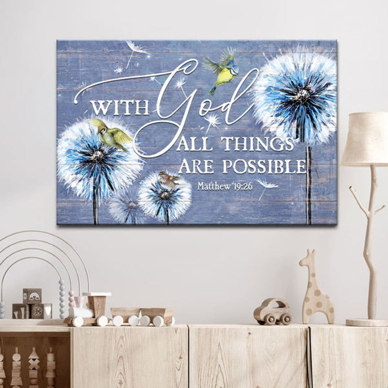 With God All Things Are Possible Dandelion Sparrow Canvas Wall Art - Christian Canvas - Faith Canvas