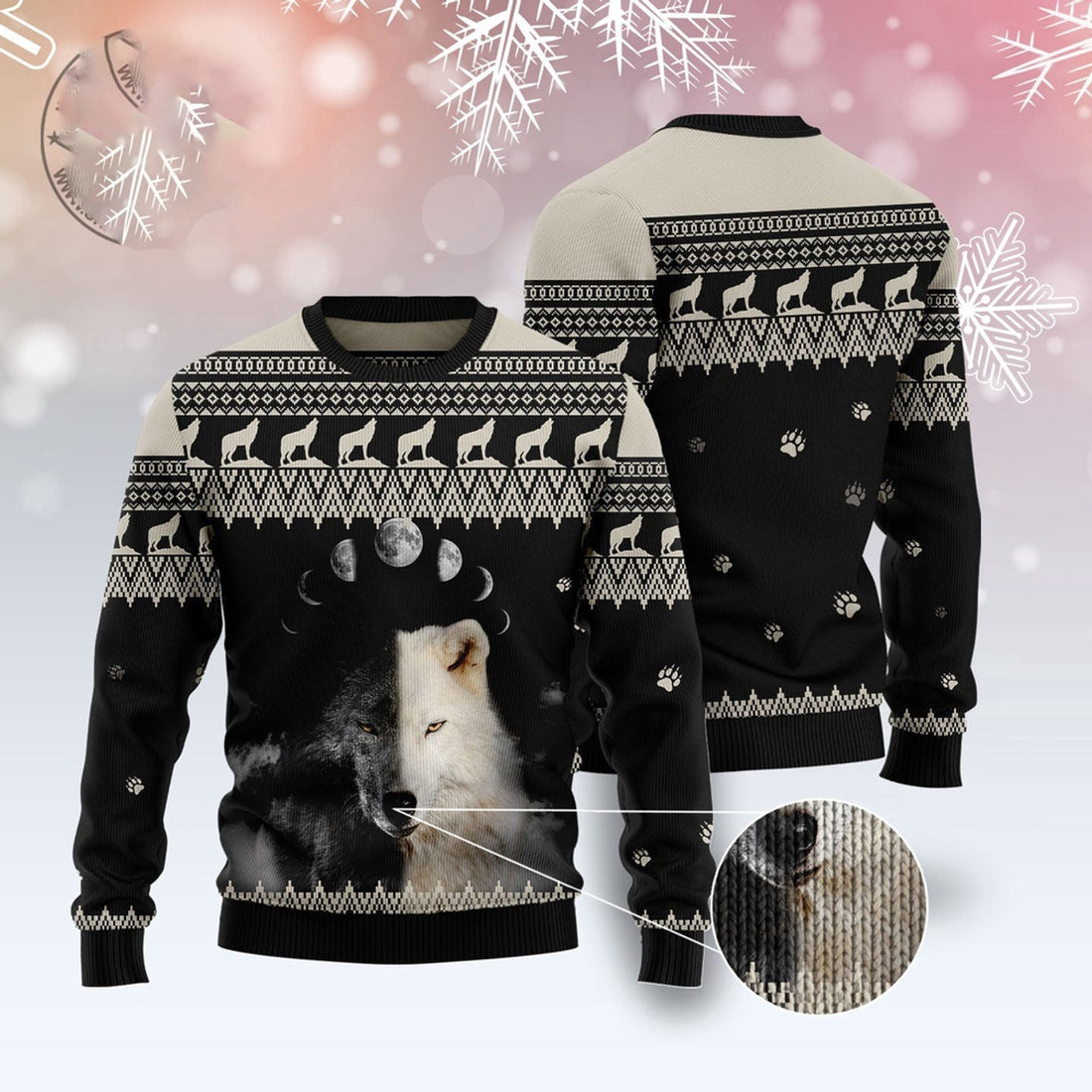 FUNSTUFFPRINT Wolf Day And Night Ugly Christmas Sweater, Christmas Sweater, Ugly Sweater, Funny Xmas Sweaters Ugly Sweater