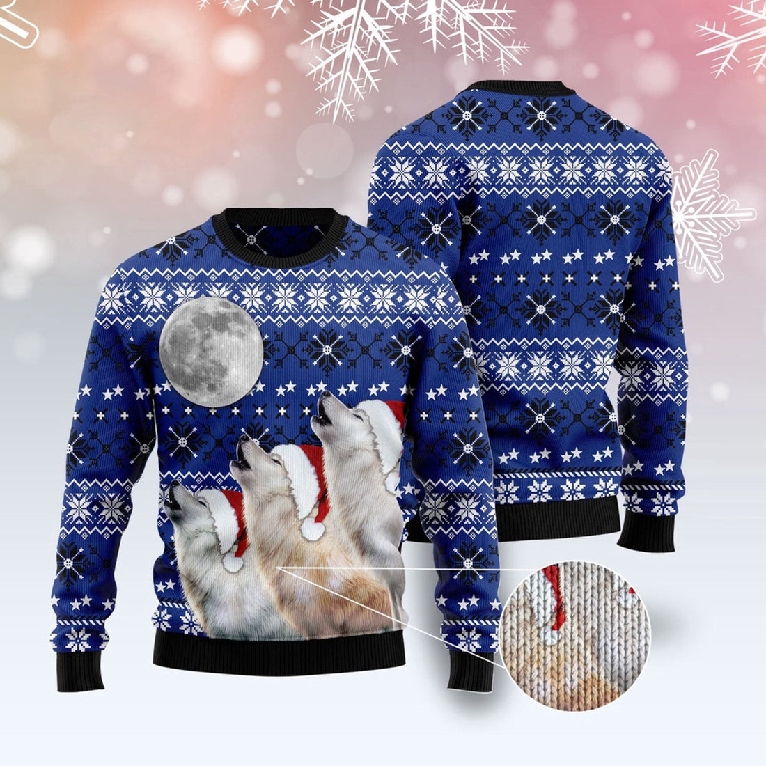 FUNSTUFFPRINT Wolf Howling Moon Ugly Christmas Sweater, Christmas Sweater, Ugly Sweater, Funny Xmas Sweaters Ugly Sweater