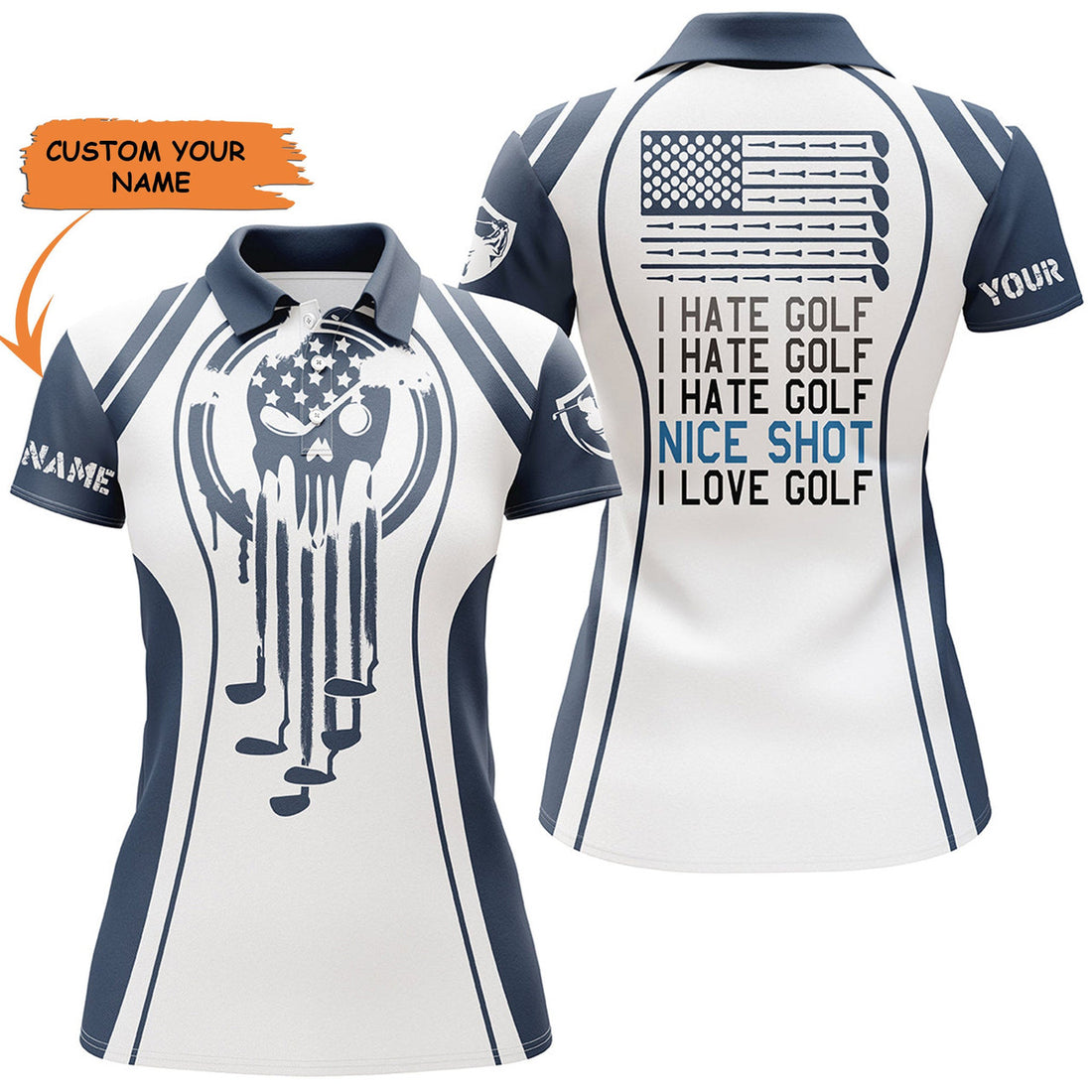 Custom Women Golf Polo Shirt Blue Golf Skull I Hate Golf Nice Shot I Love Golf Custom White Golf Polo Shirts, Perfect Gift For Women