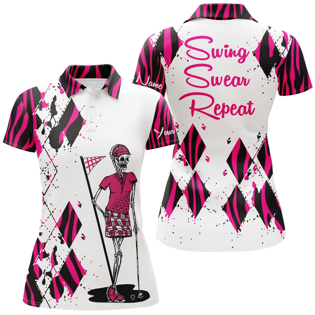 Custom Women Golf Polo Shirts Custom Funny Ladies Golf Skull Pink Zebra Pattern Golf Shirt Swing Swear Repeat, Perfect Gift For Women