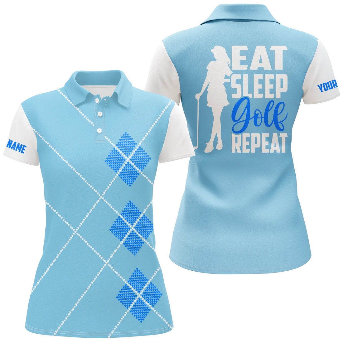 Custom Women Golf Polo Shirt Custom Name Eat Sleep Golf Repeat Green Argyle Pattern Ladies Golf Top For Women, Perfect Gift For Women