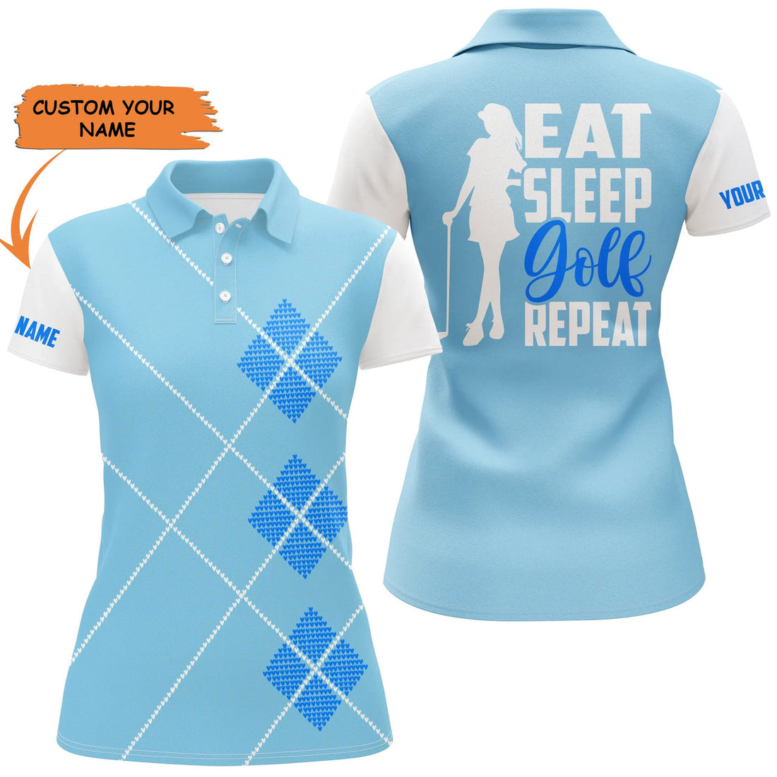 Custom Women Golf Polo Shirt Custom Name Eat Sleep Golf Repeat Green Argyle Pattern Ladies Golf Top For Women, Perfect Gift For Women