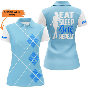 Custom Women Golf Polo Shirt Custom Name Eat Sleep Golf Repeat Green Argyle Pattern Ladies Golf Top For Women, Perfect Gift For Women