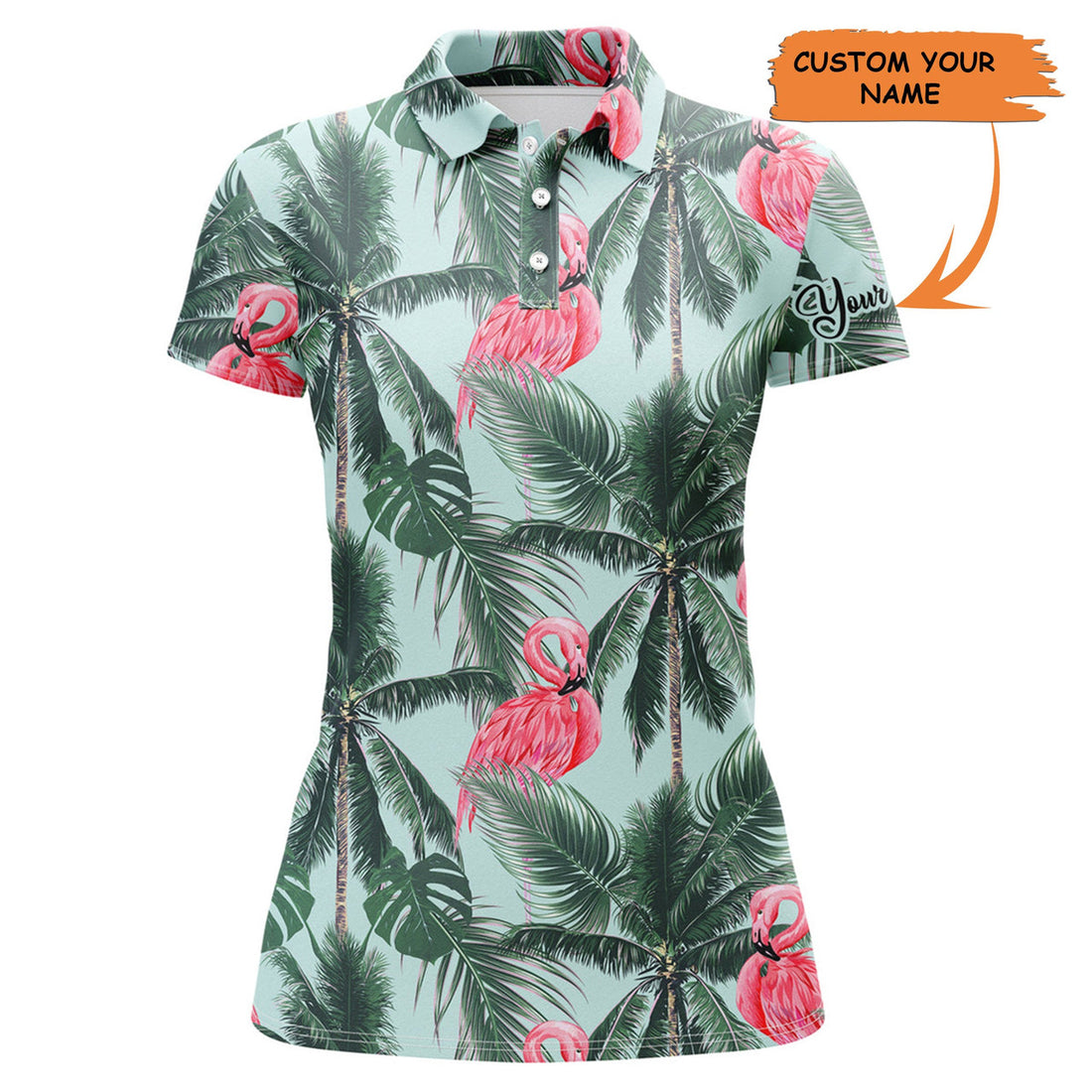 Custom Women Golf Polo Shirt With Pink Flamingos Tropical Palm Leaves Custom Team Golf Polo Shirts, Perfect Gift For Women