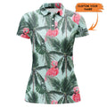 Custom Women Golf Polo Shirt With Pink Flamingos Tropical Palm Leaves Custom Team Golf Polo Shirts, Perfect Gift For Women