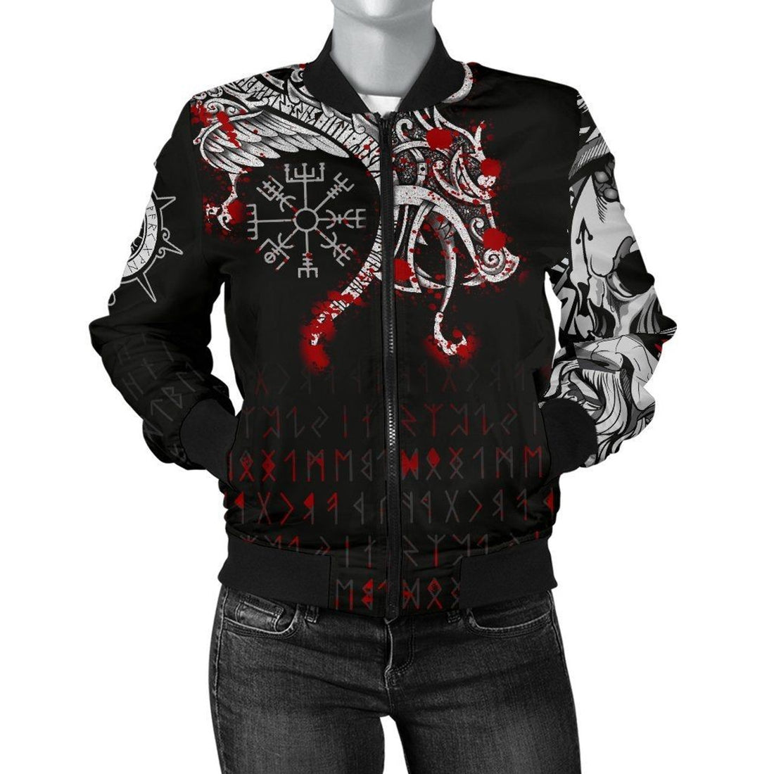 FUNSTUFFPRINT Women's Bomber Jacket , Dragon and Vegvisir Blood Tattoo 3D Bomber Jacket