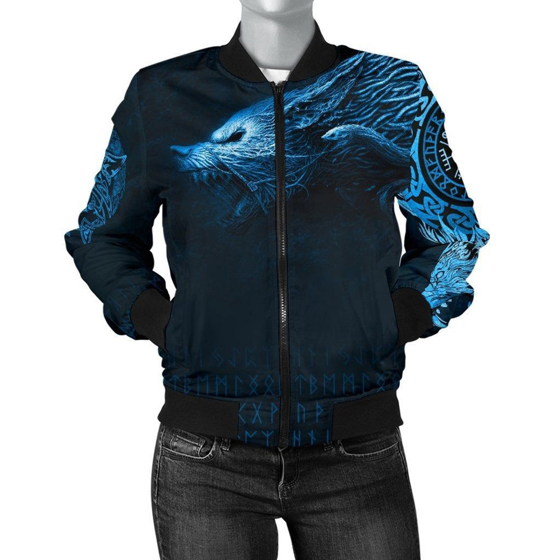 FUNSTUFFPRINT Women's Bomber Jacket , Fenrir Wolf 3D Bomber Jacket