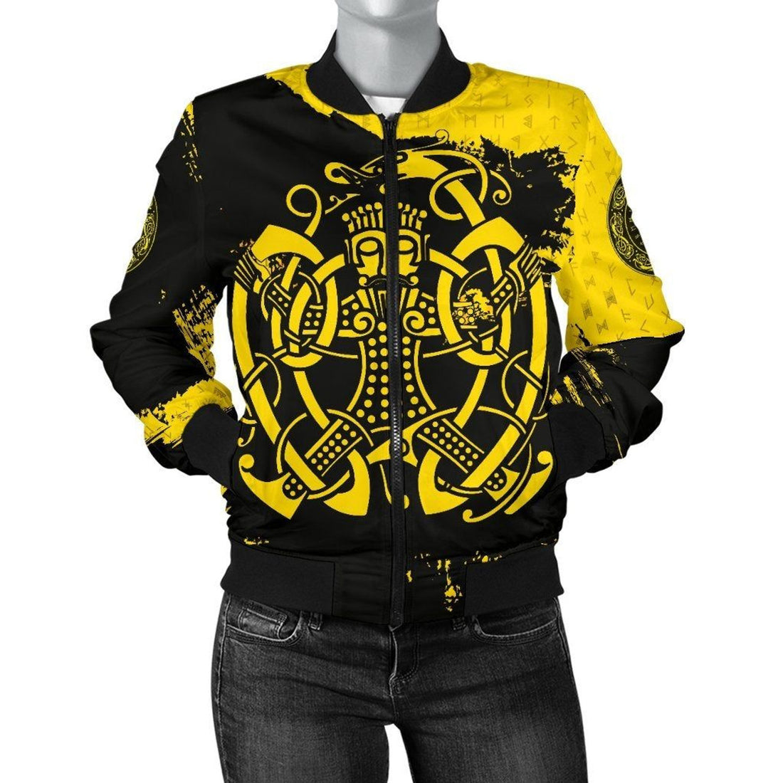 FUNSTUFFPRINT WoMen's 3D Bomber Jacket, Loki Bound Triskele Rune Gold 3D Bomber Jacket