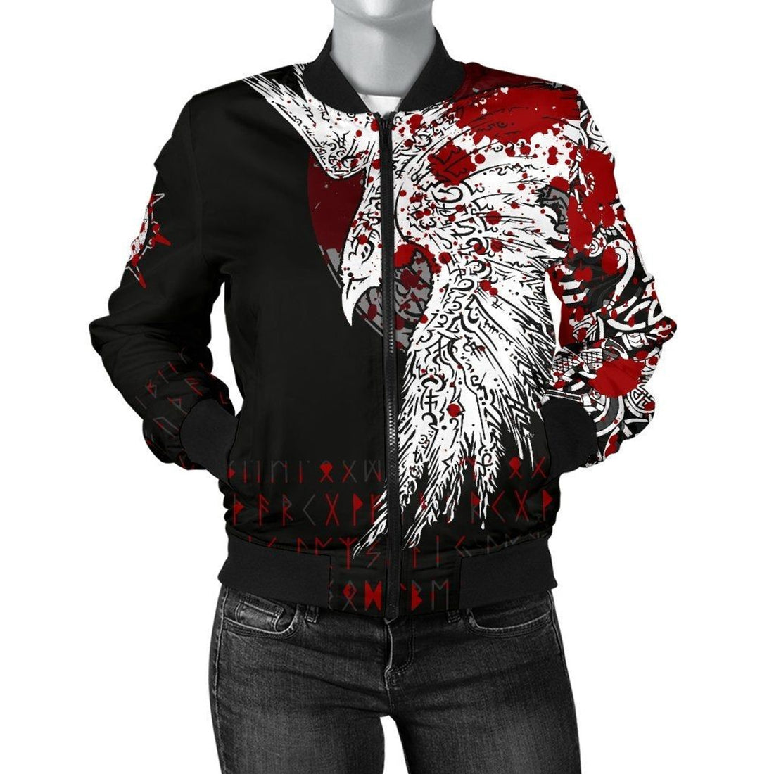 FUNSTUFFPRINT Women's Bomber Jacket - Mystical Raven Tattoo Blood 3D Bomber Jacket