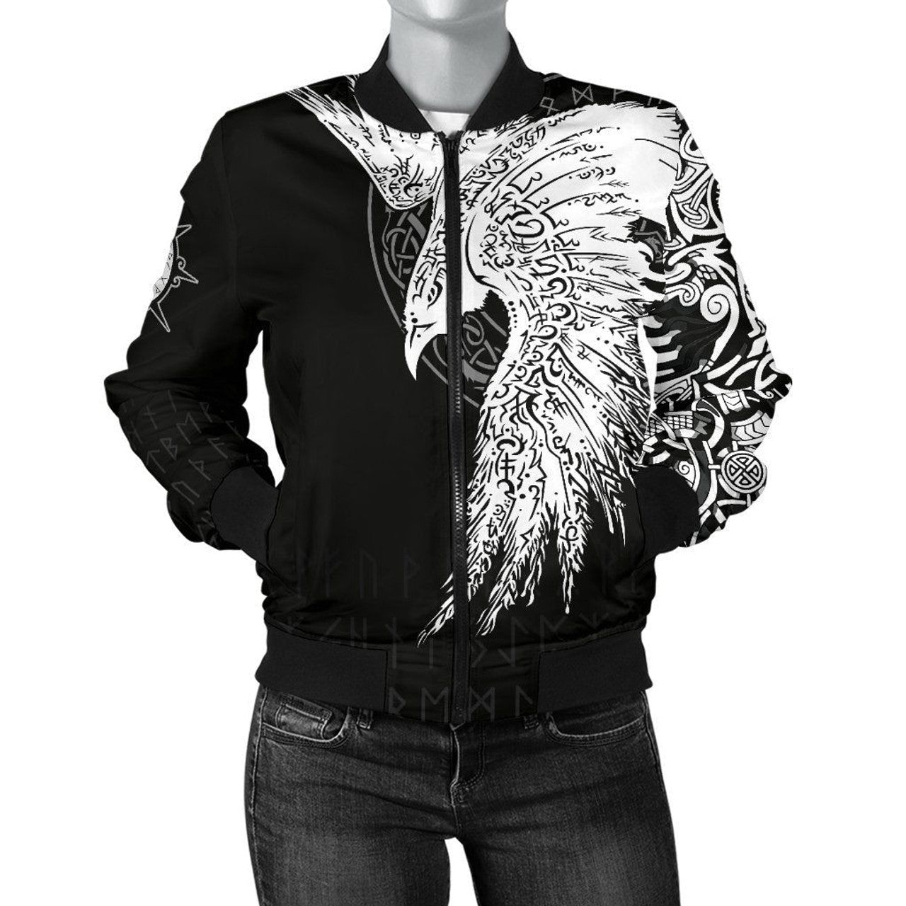 FUNSTUFFPRINT Women's Bomber Jacket Mystical Raven Tattoo Special 3D Bomber Jacket