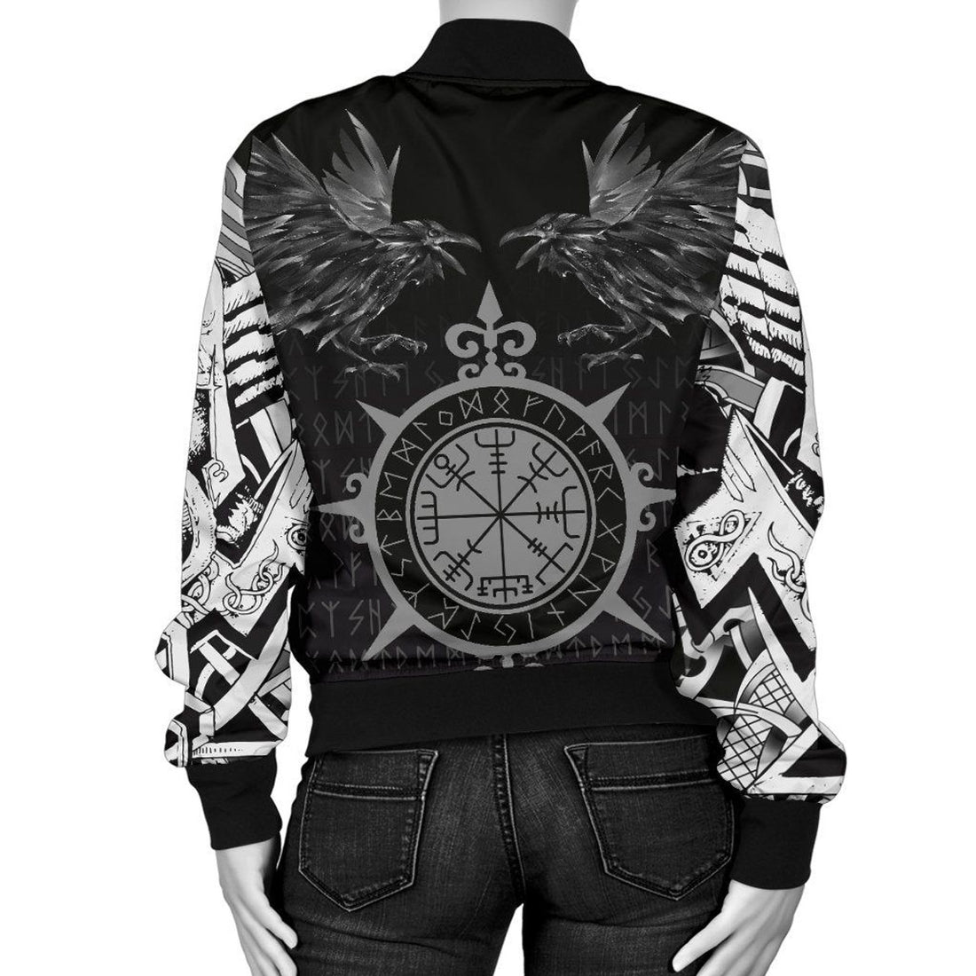 FUNSTUFFPRINT Women's Bomber Jacket - Odin Huginn and Muninn Rune 3D Bomber Jacket