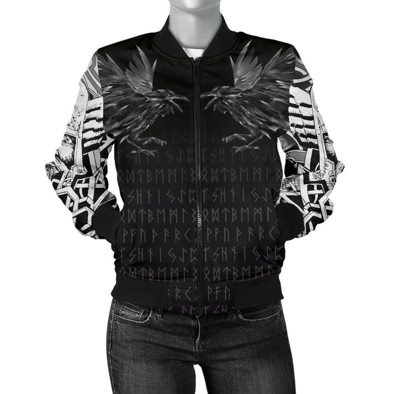 FUNSTUFFPRINT Women's Bomber Jacket - Odin Huginn and Muninn Rune 3D Bomber Jacket