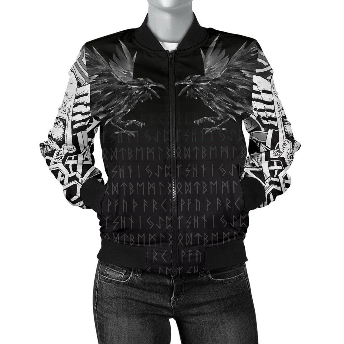 FUNSTUFFPRINT Women's Bomber Jacket - Odin Huginn and Muninn Rune 3D Bomber Jacket
