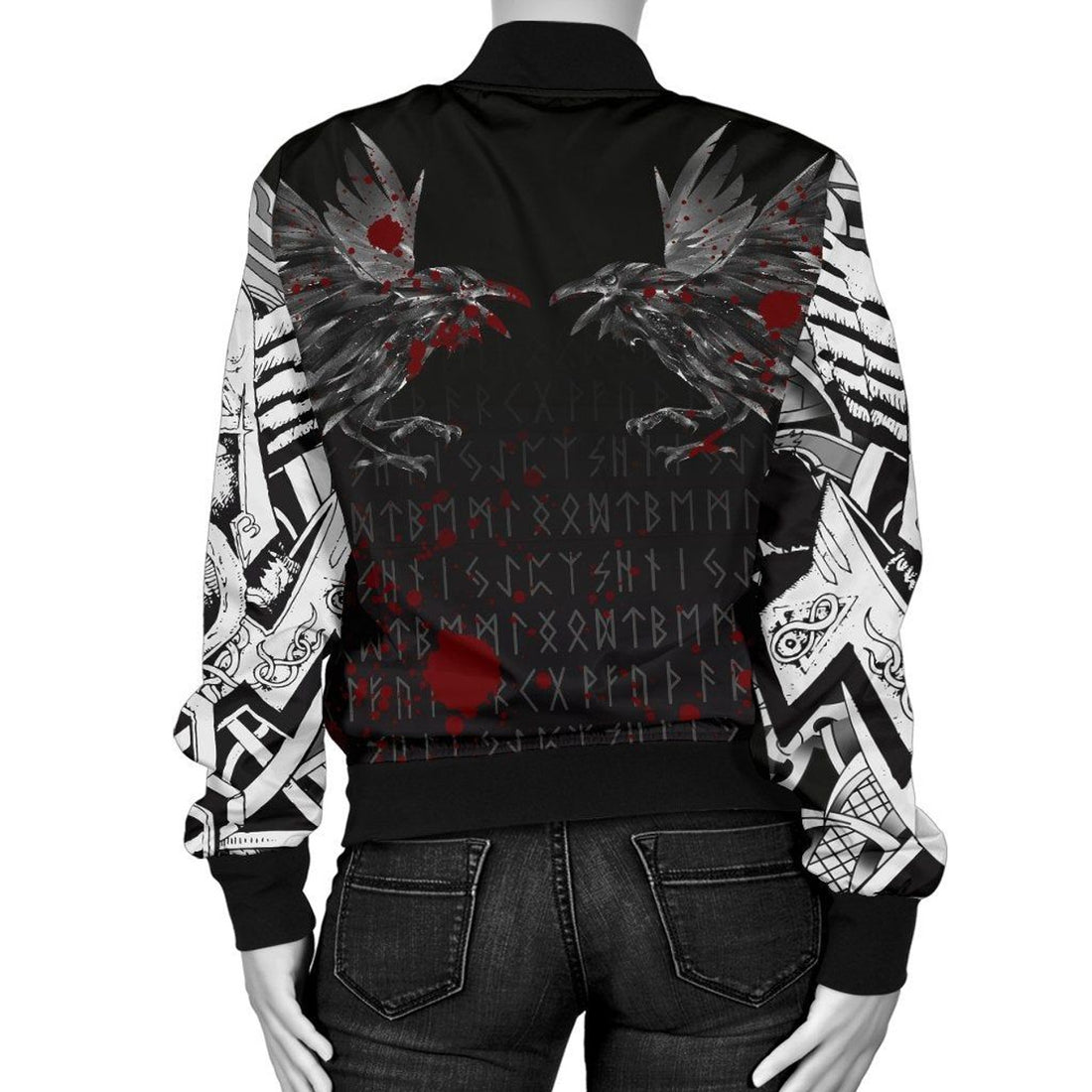 FUNSTUFFPRINT Women's Bomber Jacket - Odin Huginn and Muninn Rune Blood 3D Bomber Jacket