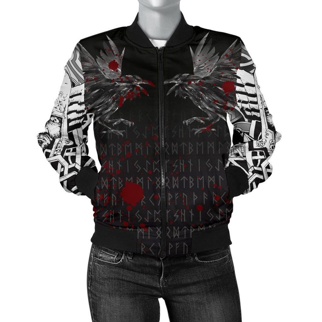 FUNSTUFFPRINT Women's Bomber Jacket - Odin Huginn and Muninn Rune Blood 3D Bomber Jacket