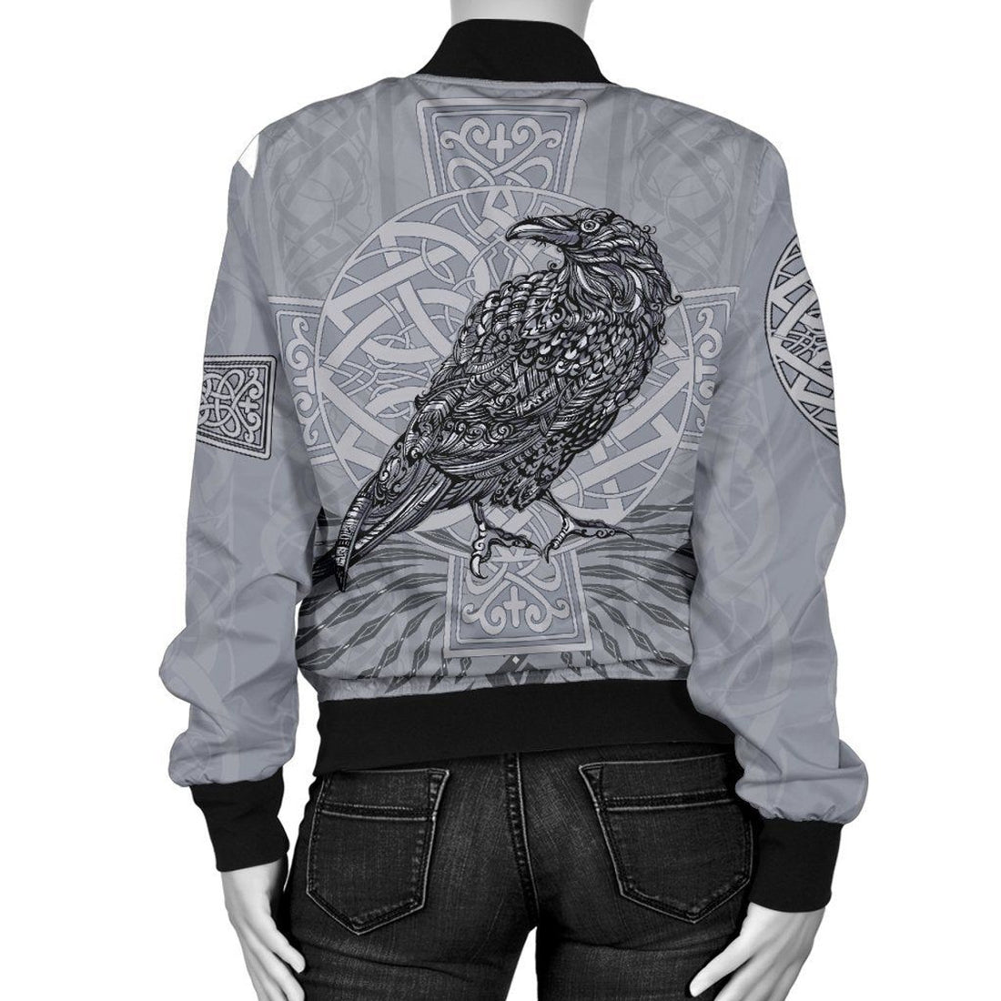 FUNSTUFFPRINT Women's Bomber Jacket - Odin's Celtic Raven - Scandinavian Tattoo 3D Bomber Jacket