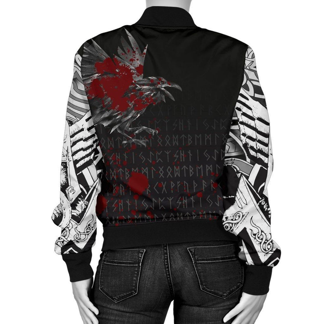 FUNSTUFFPRINT Women's Bomber Jacket - The Raven Of Odin Rune Blood 3D Bomber Jacket