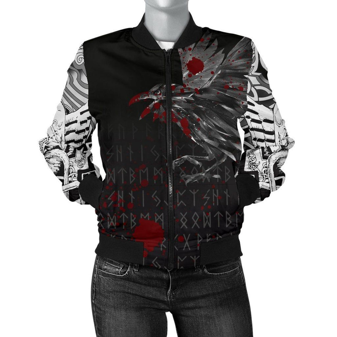 FUNSTUFFPRINT Women's Bomber Jacket - The Raven Of Odin Rune Blood 3D Bomber Jacket