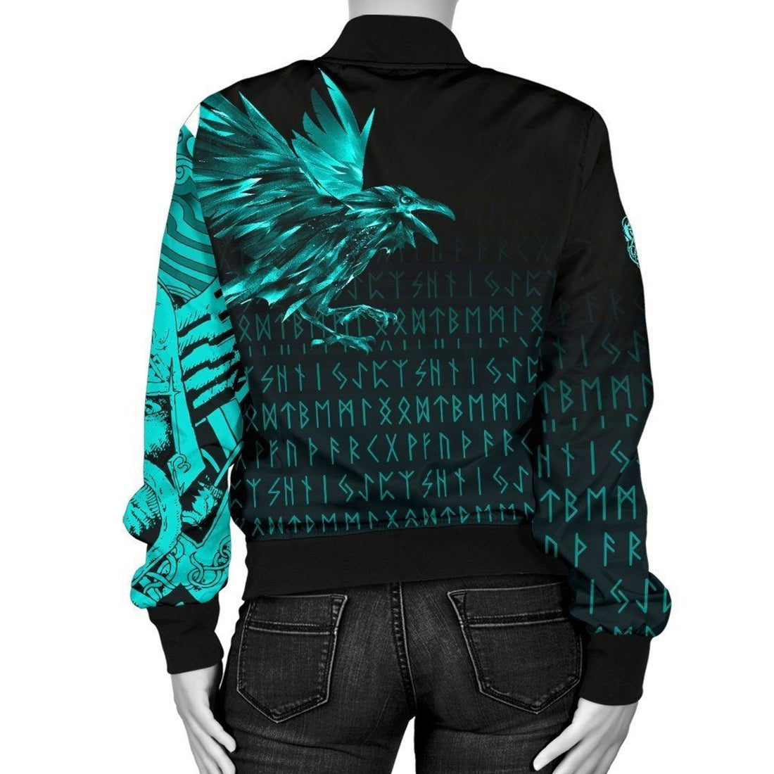 FUNSTUFFPRINT Women's Bomber Jacket - The Raven Of Odin Rune Cyan 3D Bomber Jacket