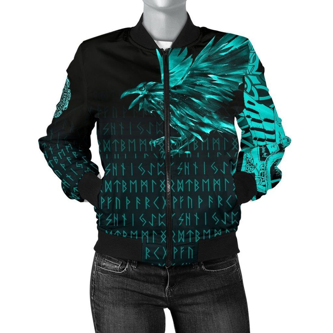 FUNSTUFFPRINT Women's Bomber Jacket - The Raven Of Odin Rune Cyan 3D Bomber Jacket