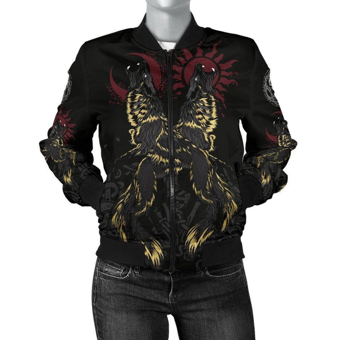FUNSTUFFPRINT Women's Bomber Jacket The Wolves Skoll and Hati 3D Bomber Jacket