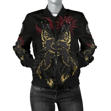 FUNSTUFFPRINT Women's Bomber Jacket The Wolves Skoll and Hati 3D Bomber Jacket