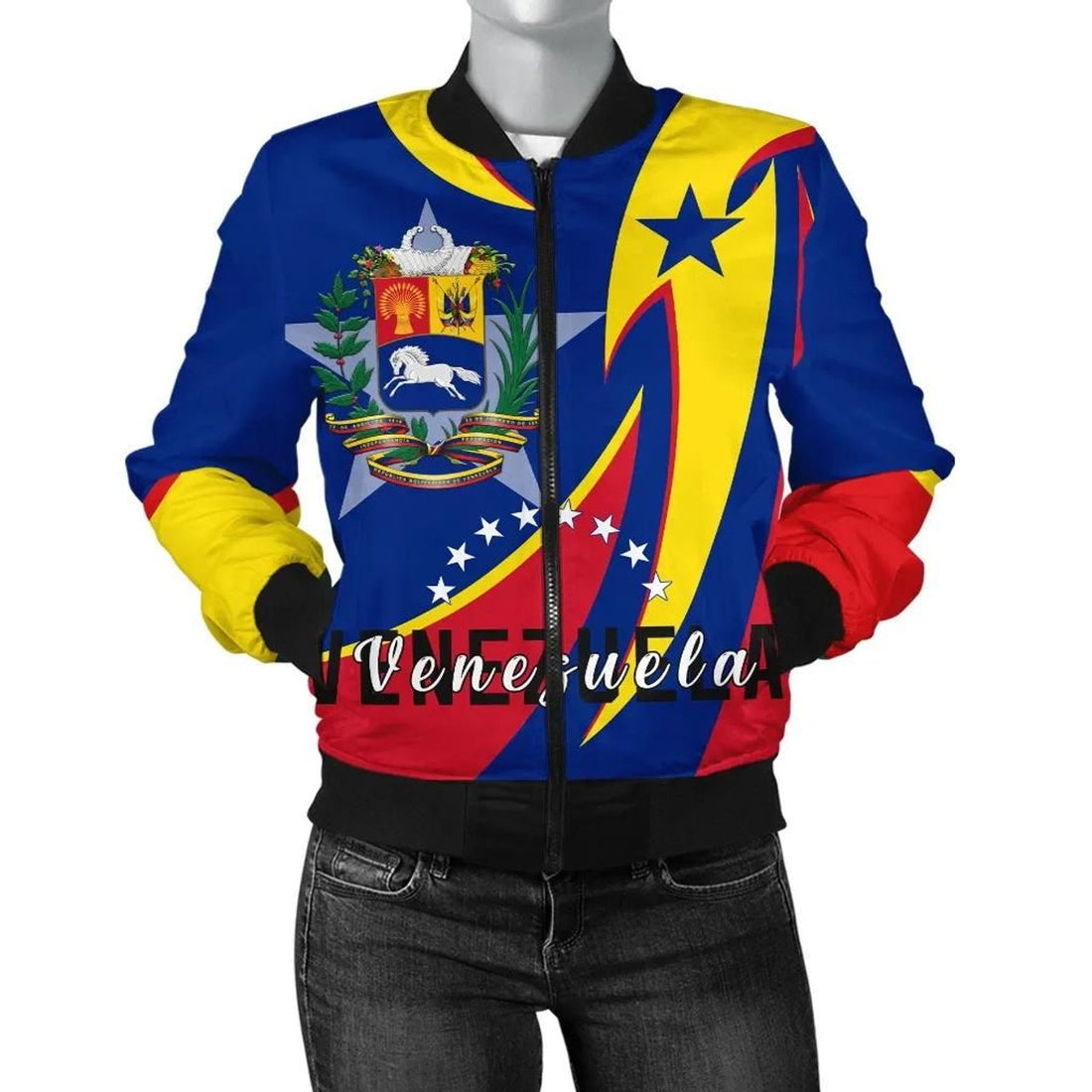 FUNSTUFFPRINT Women's Bomber Jacket - Venezuela Flag Coat of Arms 3D Bomber Jacket