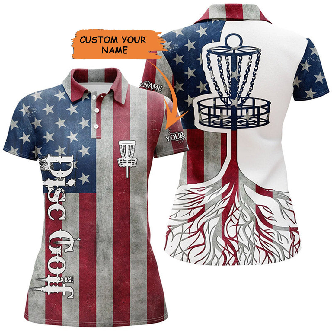 Custom Womens Disc Golf Polo Shirt Custom American Flag Patriotic Disc Golf Basket, Patriotic Disc Golf Shirt, Perfect Gift For Women