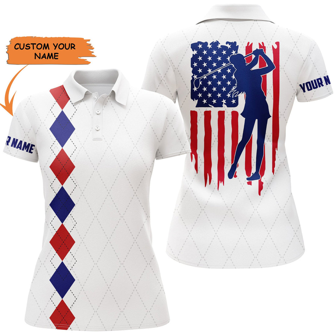 Custom Womens Golf Polo Shirt American Flag Patriotic Golf Shirts Custom Name Golf Gifts For Women - White, Perfect Gift For Women