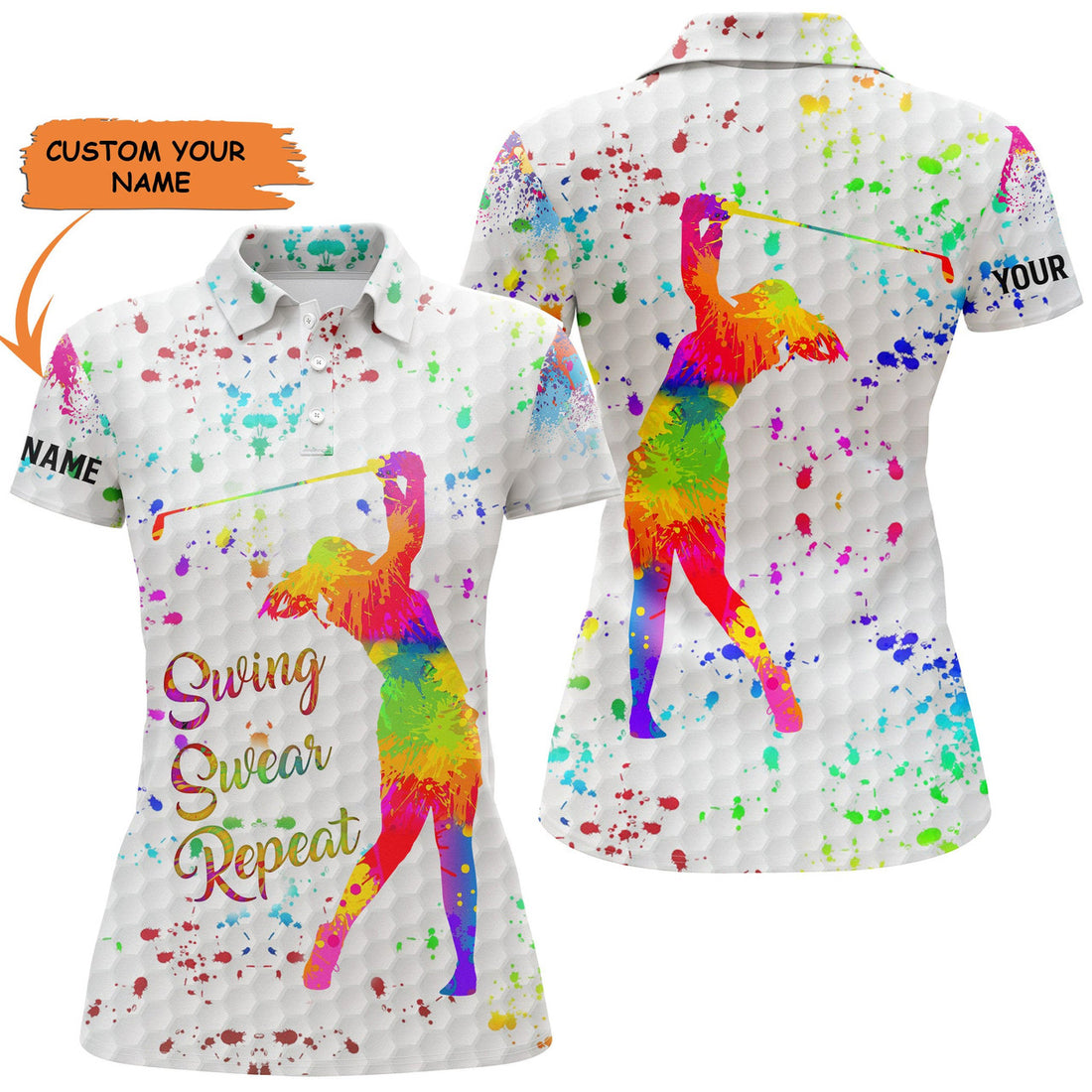 Custom Womens Golf Polo Shirt Custom Name Watercolor Swing Swear Repeat, Personalized Golf Gifts For Women