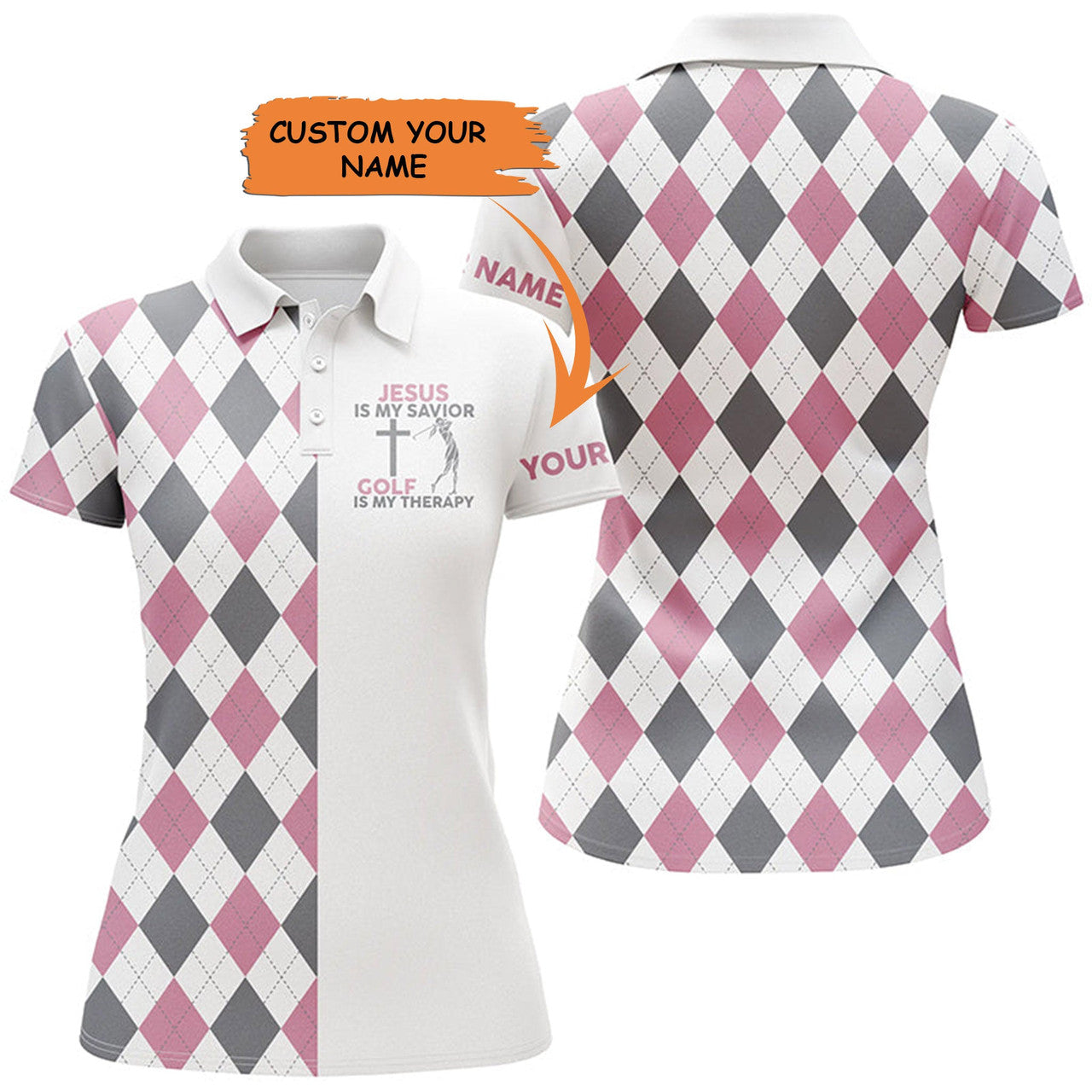 Custom Womens Golf Polo Shirt Jesus Is My Savior Golf Is My Therapy Custom Pink Argyle Plaid Ladies Golf Tops, Best Gift For Women
