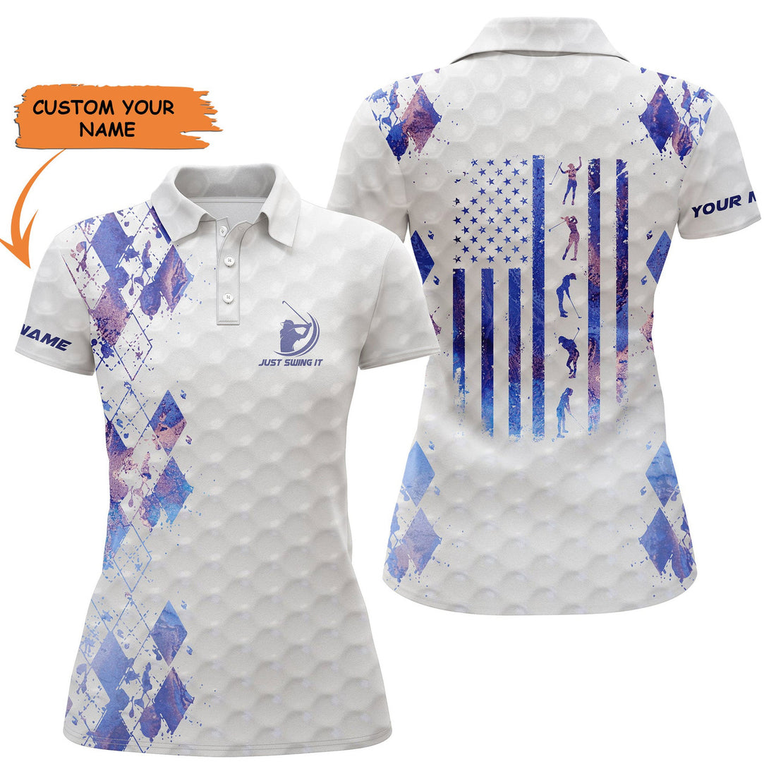 Custom Womens Golf Polo Shirt Just Swing It American Flag Patriotic Custom Name Galaxy White Women Golf Shirt