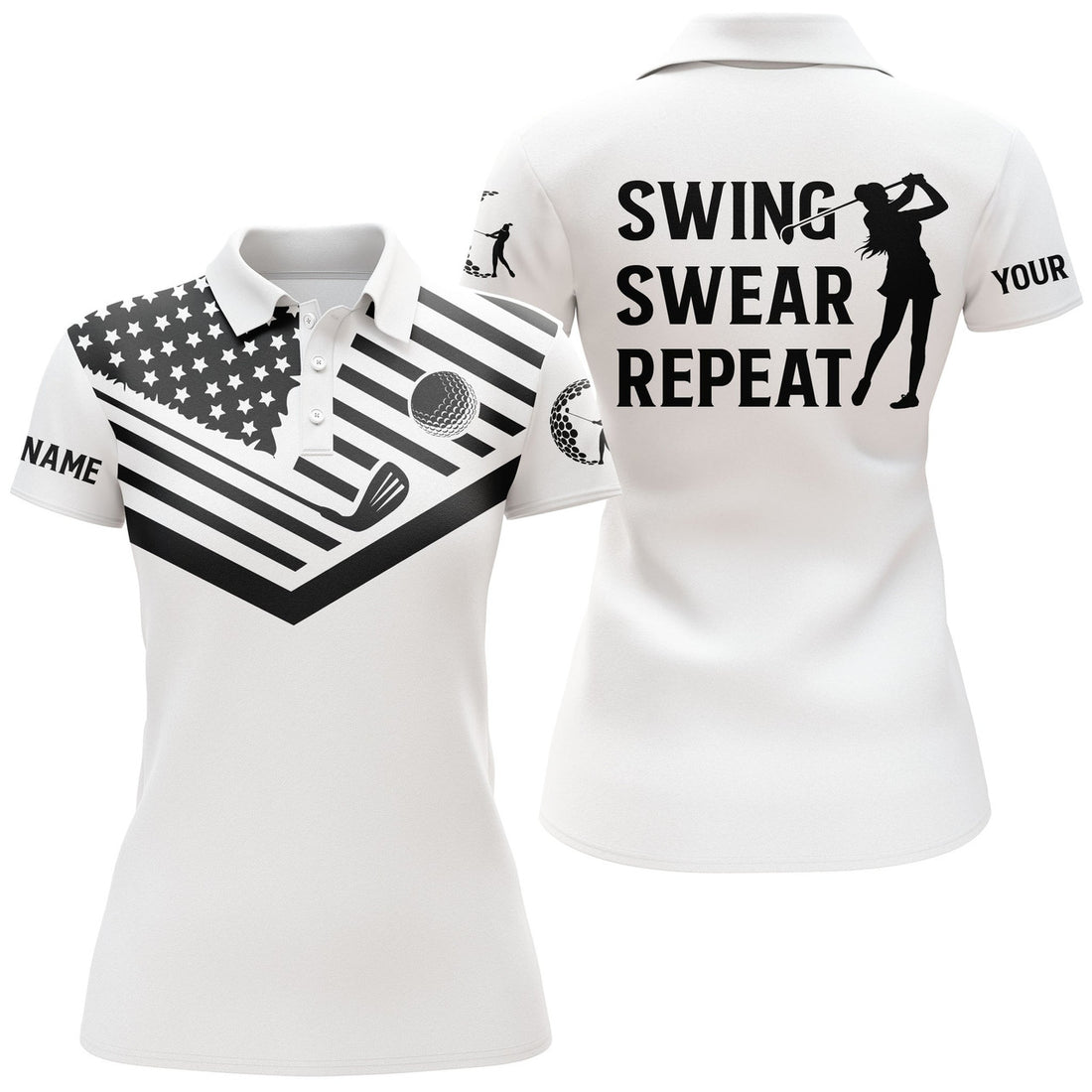 Custom Womens Golf Polo Shirt Pink Galaxy American Flag Custom Name Swing Swear Repeat White Golf Shirt, Perfect Gift For Women