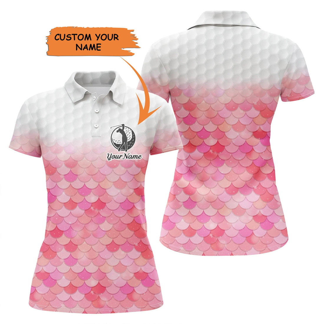 Custom Womens Golf Polo Shirt Bling Pink Mermaid Scales Custom Name Pattern Golf Shirts, Ladies Golf Tops
