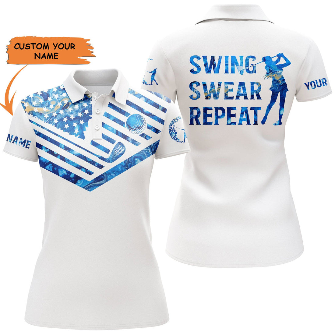 Custom Womens Golf Polo Shirt Blue Pattern American Flag Custom Name Swing Swear Repeat White Golf Shirt, Perfect Gift For Women