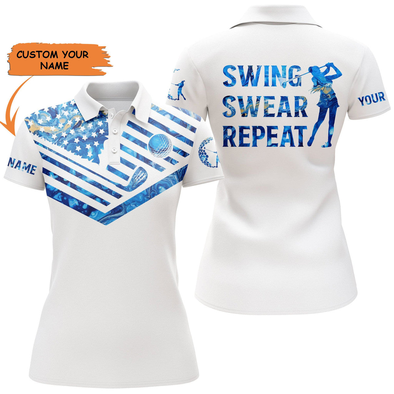 Custom Womens Golf Polo Shirt Blue Pattern American Flag Custom Name Swing Swear Repeat White Golf Shirt, Perfect Gift For Women