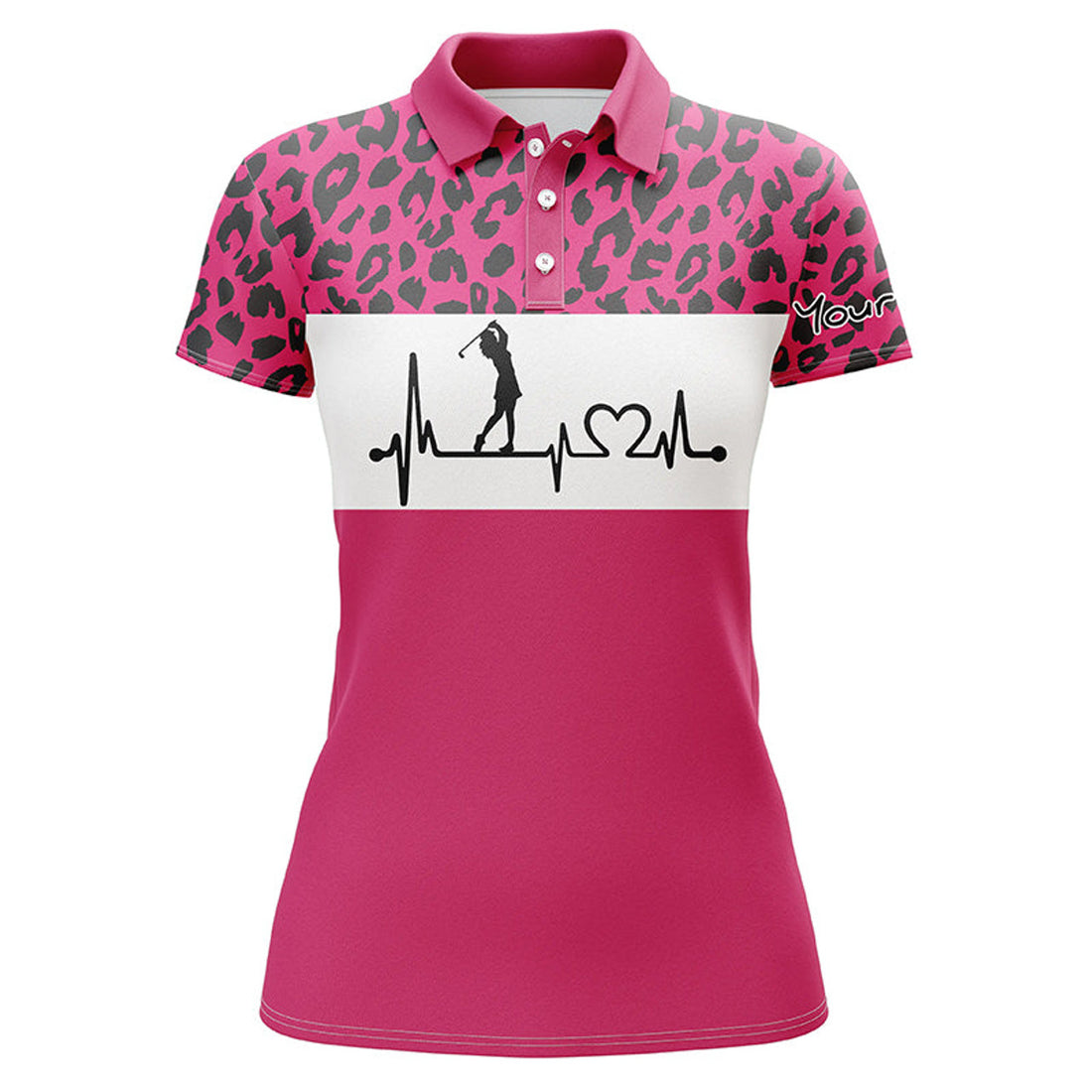 Custom Womens Golf Polo Shirt Custom Name Pink Leopard Pattern Golf Heartbeat, Golfing Gifts For Women , Best Golfing Gift For Women