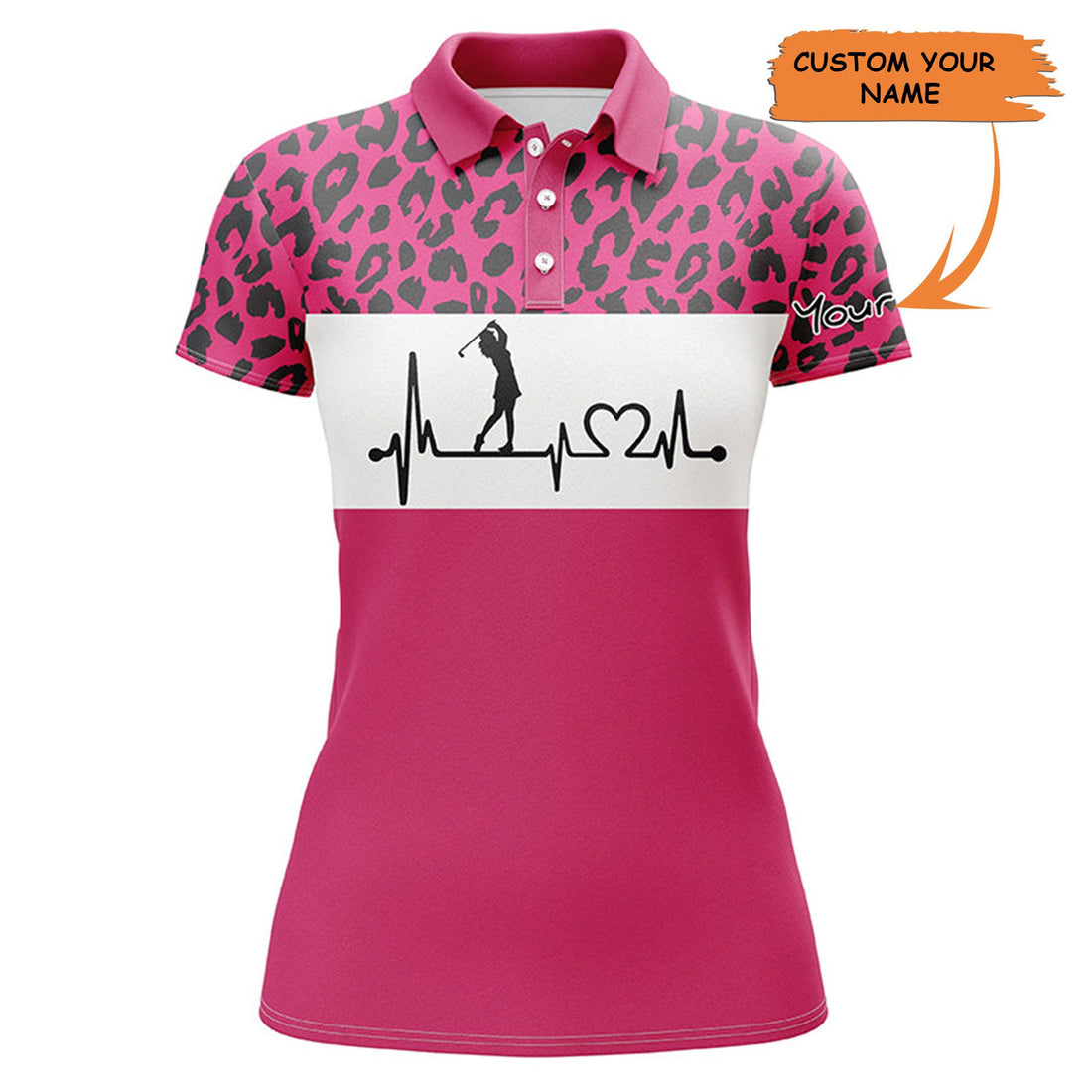 Custom Womens Golf Polo Shirt Custom Name Pink Leopard Pattern Golf Heartbeat, Golfing Gifts For Women , Best Golfing Gift For Women