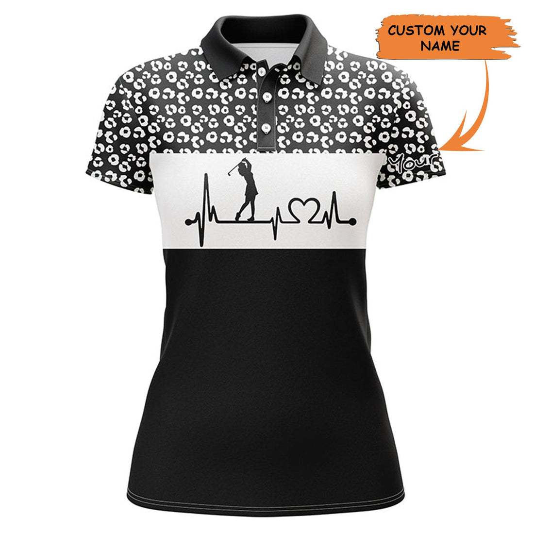 Custom Womens Golf Polo Shirt Golf Heartbeat Custom Name Leopard Pattern Golf Shirt, Womens Golf Gift Ideas, Best Golfing Gift For Women